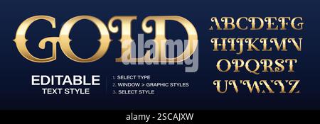 Goldenes Alphabet und Vorlage im Grafikstil, dekorative Buchstaben und goldfarbene, bearbeitbare Texteffekte. Personalisierbarer Premium-Farbstil. Vektorabbildung Stock Vektor