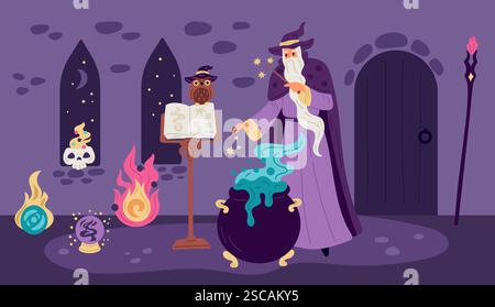 Magier macht Zaubertrank. Zeichentrickassistent. Geheimnisvolles Schloss im Inneren. Alter Hexenmann mit Bart im Mantel. Magischer Elixierkessel. Rechtschreibung Stock Vektor