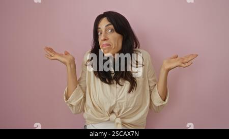 Junge Frau, die mit den Achseln vor rosa Hintergrund zuckt und Verwirrung oder Unsicherheit in einer isolierten Umgebung ausdrückt Stockfoto