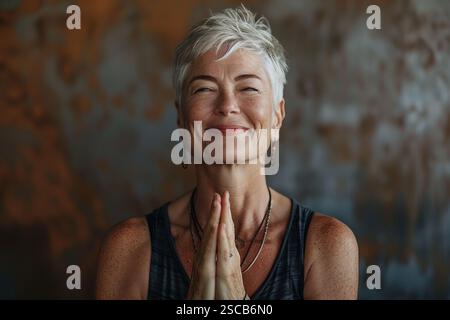 Frau mit grauem Haar in ruhiger Pose mit einem Lächeln im Gesicht. Ruhe, Harmonie, Meditation Stockfoto
