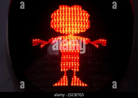 München, Deutschland. Februar 2025. Ein Ampelmann in Form von Pumuckl leuchtet an einer Fußgängerampel rot auf. Die erste von mehreren Pumuckl-Ampeln wurde in München eingeweiht. Quelle: Sven Hoppe/dpa/Alamy Live News Stockfoto
