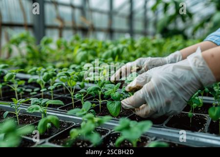 Die Hände eines Gärtners berühren sanft junge Sprossen, die sorgfältig in einem Gewächshaus gezüchtet werden. Eine Person pflanzt Setzlinge in einem Garten Stockfoto