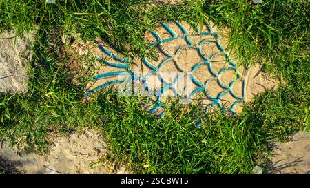 Pflasterplatten, die mit Gras in Form von Fischen bewachsen sind. Garten- oder Straßendekor. Kettendesign. Stockfoto