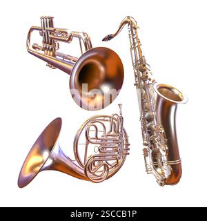 Messing- und Holzblasinstrumente auf transparentem Hintergrund 3d Stockfoto