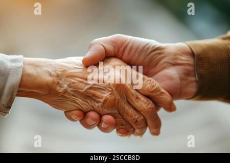 Nahaufnahme der Hand einer jungen Frau, die die Hand eines älteren Mannes auf einem hellen Hintergrund hält, Geste der Unterstützung und Liebeskonzept Stockfoto