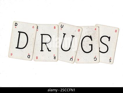 Vintage-Wortspiel-Karten, die DROGEN auf weißem Hintergrund schreiben. Stockfoto
