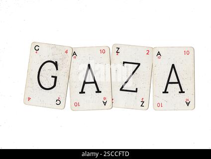 Vintage-Wortspiel-Karten, die GAZA auf weißem Hintergrund schreiben. Stockfoto