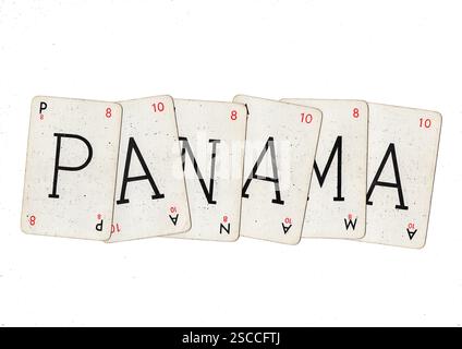 Vintage-Wortspiel-Karten, die PANAMA auf weißem Hintergrund schreiben. Stockfoto