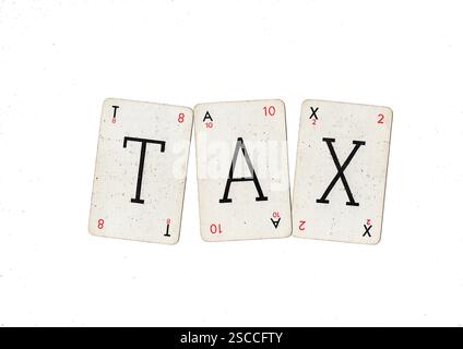 Vintage-Wortspiel-Karten, die STEUERN auf weißem Hintergrund schreiben. Stockfoto