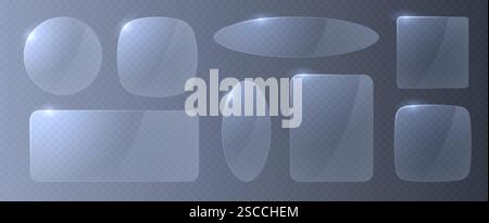 Sammlung futuristischer Glasrahmen mit rechteckigen, runden und ovalen Formen, isoliert auf hellem Hintergrund. Vektor-3D-Illustration. Stock Vektor