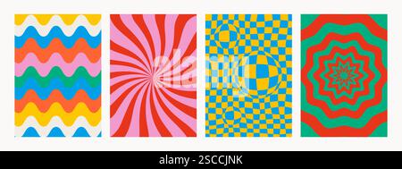Groovige Hintergründe in lebendigen Farben. Abstraktes psychedelisches Retro-Muster-Set. Trendige, flippige Vektortexturen im abstrakten y2k-Stil. Vektorgrafik für Stock Vektor
