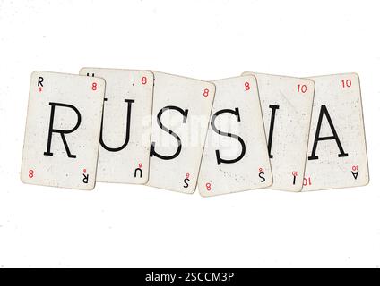 Alte Wortspielkarten, die RUSSLAND auf weißem Hintergrund buchstabieren. Stockfoto