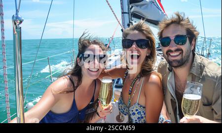 Gruppe von Freunden, die Spaß zusammen haben und Champagner trinken, während Sie auf einer Luxusyacht im Meer segeln Stockfoto