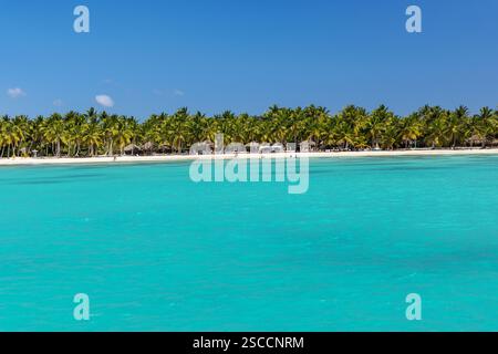 Insel Saona im Nationalpark Cotubanamá. Eine tropische Karibikinsel mit weißem Sand, klarem türkisfarbenem Wasser und Palmen, Dominikanische Republik Stockfoto