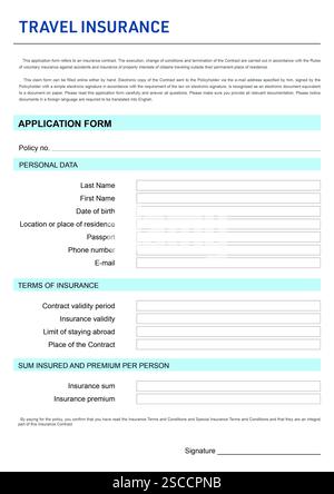 Antragsformular für Reiseversicherung mit auszufüllenden Stellen Stockfoto