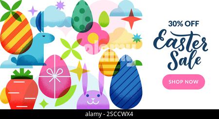 Oster-Sale-Banner, Poster mit bunten Eiern, Hasen, Blumen und Wolken. Vektorabbildung. Geometrische Farbflecken überlagern das Design. Feiertag p Stock Vektor
