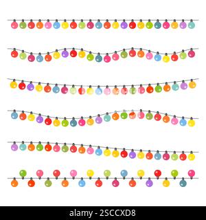 Girlande mit mehrfarbigen Glühbirnen auf weißem Hintergrund. Vektorabbildung. Stock Vektor