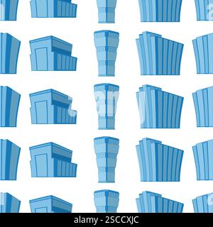 Nahtloses Muster mit modernem isometrischem Gebäude auf weißem Hintergrund. Blick auf das Gebäude von unten. Vektorabbildung. Stock Vektor