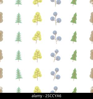Nahtloses Muster mit farbigen Bäumen auf weißem Hintergrund. Vektorabbildung. Stock Vektor