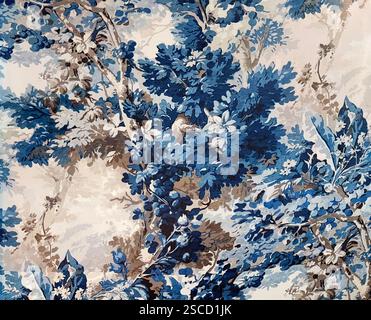 Zufällige abstrakte blaue Blumen- und Baumblätter-Illustration mit weichen Palettenfarben Hintergrund. Farbtöne blauer Laubblätter und brauner Baumzweig cla Stockfoto