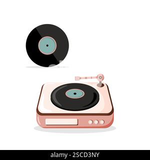 Retro-Vinyl-Player mit Schallplattenabbildung, isoliert auf weißem Hintergrund Stock Vektor