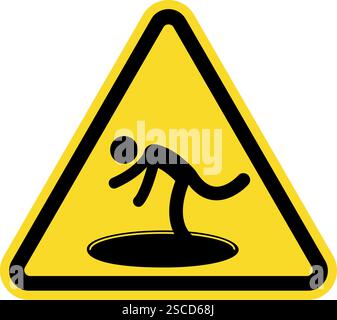 Öffnen Sie die Abflüsse, und achten Sie auf das Trittzeichen. Schwarz auf gelbem Hintergrund. Sicherheitsschilder und -Symbole. Stock Vektor