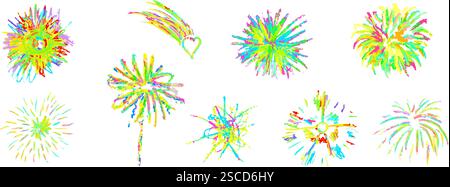 Feuerwerk niedliche Bleistiftlinien Kritzelemente für Geburtstag, Jubiläum. Set aus farbenfrohen Regenbogenskizzen im Stil von Blitz, Explosion und Sonnenstrahlen Stock Vektor