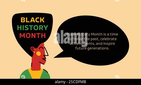 Eine moderne und lebendige Webvorlage, die den Black History Month feiert, mit einem Vektor-Porträt mit auffallender Afro-Typografie und einer Sprechblase Stock Vektor