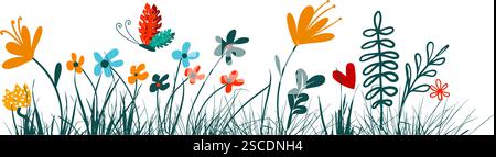 Frühlingszeit bunte Kritzelblüten. Abstrakter bunter floraler Vektor-Hintergrund. Dekorative, süße Blumen mit Schmetterlingen. . Handzeichnung. Nicht AI Stock Vektor