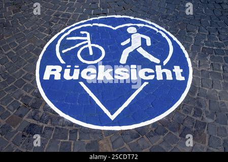 Piktogramm, rundes Symbol mit Herz auf Kopfsteinpflaster, Fußgängerzone, Schild für Radfahrer und Fußgänger zur Berücksichtigung im Straßenverkehr, Butzbach Stockfoto