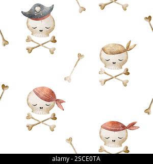 Nahtlose Muster Piraten Schädel, Knochen in der Kappe, Bandana. Aquarellillustration handgezeichnet im Cartoon-Stil. Isoliert auf weiß für Stoff, Textil Stockfoto