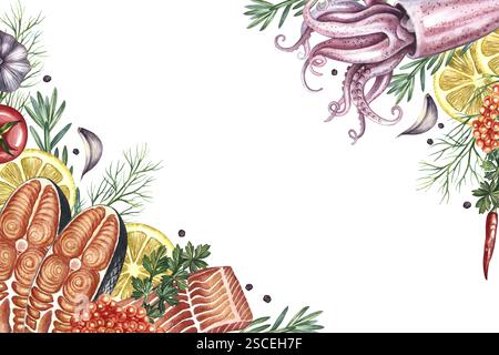 Eckrahmen mit einem Bild von Tintenfisch und geschnittenem rotem Fisch mit Gemüse. Eine handgezeichnete Aquarellillustration. Ein Farbbild einer Vorlage für Meeresfrüchte. Ein Stockfoto
