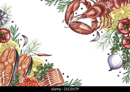 Eckrahmen mit Hummer und Fisch, Gemüse und Gewürzen. Eine handgezeichnete Aquarellillustration. Ein Farbbild einer Vorlage für Meeresfrüchte. Auf weißem Hintergrund Stockfoto