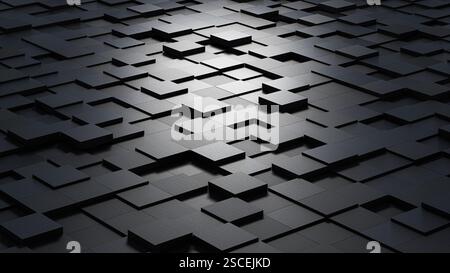 Abstrakter 3D-Hintergrund mit beleuchteten schwarzen Blöcken auf dem Boden. 3D-Rendering Stockfoto