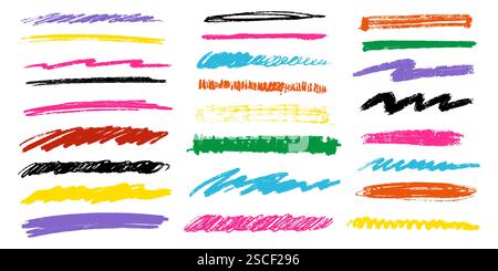 Pinselstriche handgezeichnet im Grunge-Stil mit verschiedenen Stiften. Acryl- und Kohlekreidenlinien auf Papier Stock Vektor
