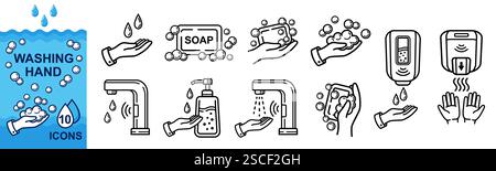 Handwäsche mit Wasser, Seife, Hygienereinigung für die Hautpflege, Touch-Wasserhahn, automatischer elektrischer Handtrockner. Flüssiges Antiseptikum. Symbol für Schaumstofflinie des Körperbades Stock Vektor