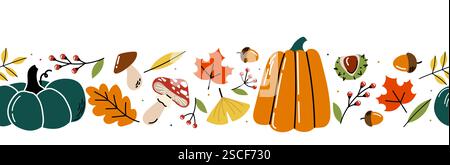 Herbstrand. Wiederkehrendes Designelement zum Drucken auf Stoff. Herbstgemüse. Grüner und oranger Kürbis, Pilze und Orange Stock Vektor