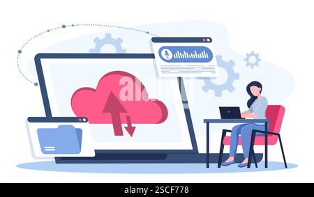 Cloud-Systemdatei. Frau mit Laptop lädt Dateien auf den Server hoch. Internetsicherheit und Schutz personenbezogener Daten. Austausch von Dokumenten im Internet Stock Vektor