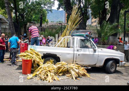 März 2024. Caracas, Venezuela. Zuckerrohrsaftverkäufer im Stadtzentrum Stockfoto