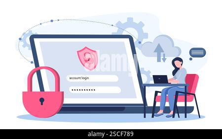 Cloud-Datensicherheit. Frau mit Laptop gibt ihren Benutzernamen und ihr Passwort ein. Internetsicherheit und Schutz personenbezogener Daten. Autorisierung und Identität Stock Vektor