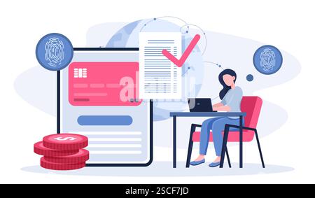 Elektronisches Zahlungskonzept. Frau mit Laptop in der Nähe von Smartphone mit Bankkarte. Bargeldlose Überweisungen und Transaktionen. Online-Shopping und zu Hause Stock Vektor