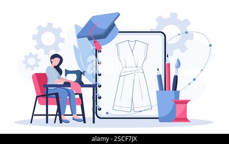 Modedesigner online. Frau mit Nähmaschine. Handgefertigte und handwerkliche Kleidung. Mode und Style. Schneiderin und Schneiderin. Atelier und Boutique Stock Vektor