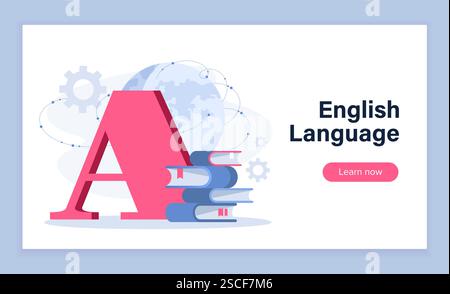 Poster in englischer Sprache. Großer Brief in der Nähe von Büchern. Wörterbuch und Lehrbücher. Bildung, Lernen und Ausbildung. Online-Kurs. Landing-Webseite Stock Vektor