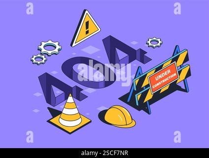Poster isometrischer Fehler 404. Baubarriere, Straßenkonus und Schutzhelm. Technischer Fehler im Website-Code. Fehlerhafter Link und falsche Seitenadresse Stock Vektor