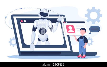 Robotik-Schulfach online. Junge kommuniziert mit dem Roboter auf dem Tablet-Bildschirm. Moderne Technologien und Innovationen. Bildung, Lernen und Ausbildung Stock Vektor