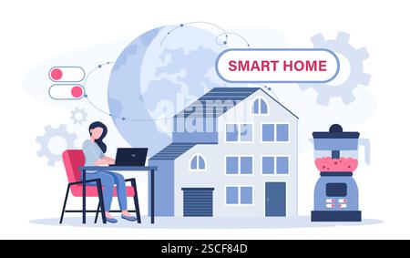 Smart-Home-Konzept. Frau mit Laptop in der Nähe der Wohnung. Fernbedienung für Internet, Licht, Wasser und Türen. Moderne Technologien und Innovationen. Flach Stock Vektor
