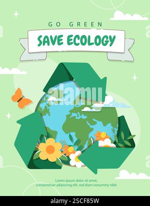 Poster „Ökologie speichern“. Umweltschutz und Ökologie. Verringerung der Emissionen von Abfällen in die Atmosphäre. Keine Verschwendung und nachhaltiger Lebensstil. Flyer und Stock Vektor