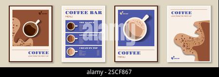 Kaffeeposter Set. Tassen mit heißen Getränken. Cappuccino, Americano, Mocha und Latte. Aroma und Getränk. Flyer für das Café. Kollektion flacher Vektoren Stock Vektor
