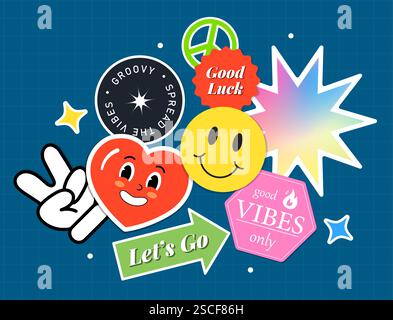Retro-Etiketten. Glückliches Emoji, Emoticon, Herz mit Jubelgeste, Friedenszeichen. Hippie-Vibes. Zurück in die 80er und 90er Jahre Illustration des flachen Vektors Stock Vektor