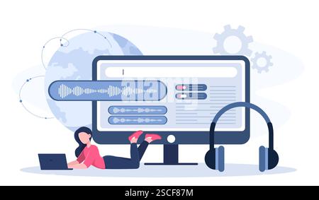 Sound Engineer online. Frau mit Laptop in der Nähe von riesigen Kopfhörern und Computermonitor. Der Mitarbeiter des Aufnahmestudios verarbeitet Lieder und Melodien. Musik Stock Vektor